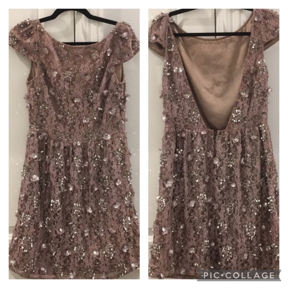Alice + Olivia Purple Lace Embellished Short Dress with Cap Sleeve and Open Back
